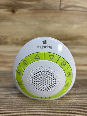 mybaby white and green baby sound machine with control buttons on wood surface