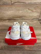 Front view of Nike Air Huarache Run TD toddler sneakers size 2C, white mesh and leather with pale yellow accents on red box