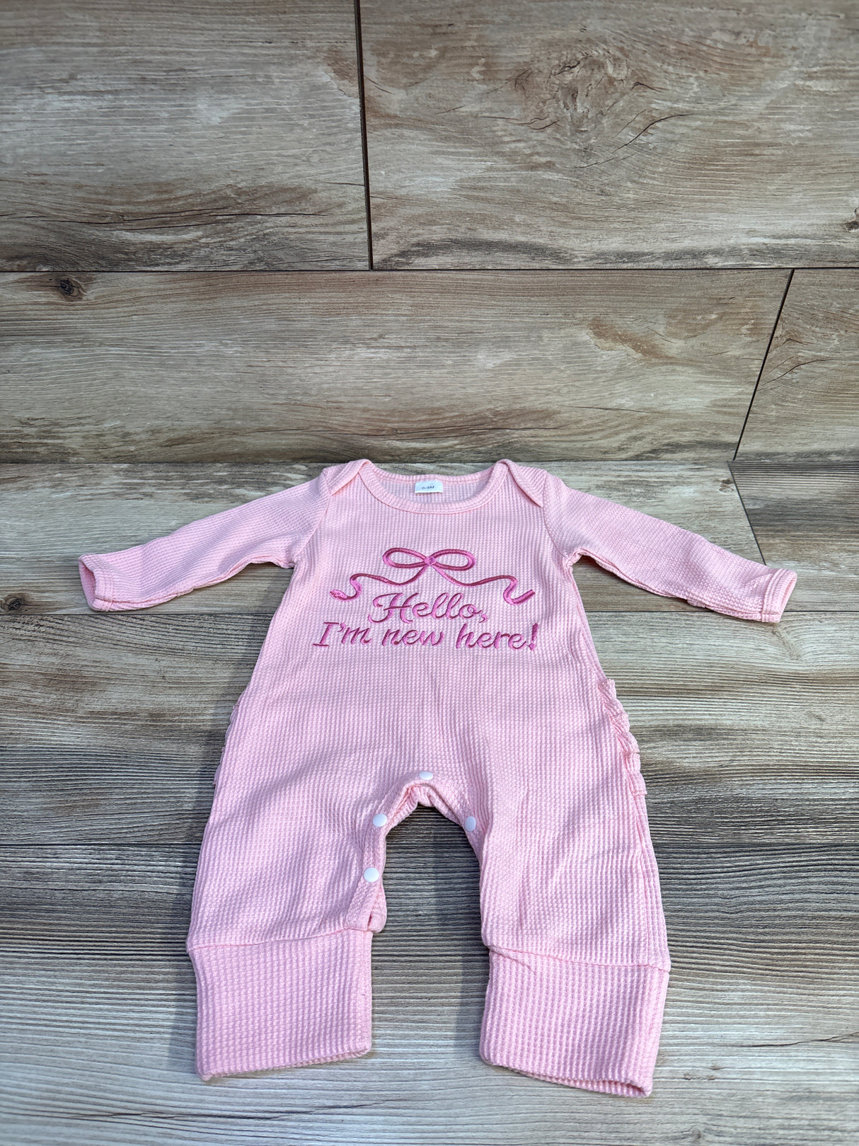 Shein Waffle Knit 'Hello I'm New Here' Convertible Ruffle Coverall Pink sz 0-3m