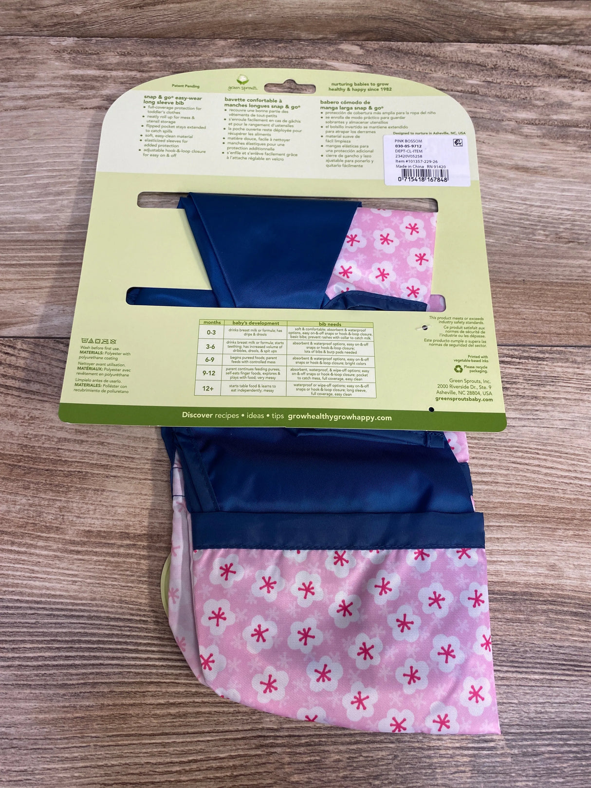 NEW Green Sprouts Snap & Go Easy-Wear Long Sleeve Bib in Pink Blossom 12-24m