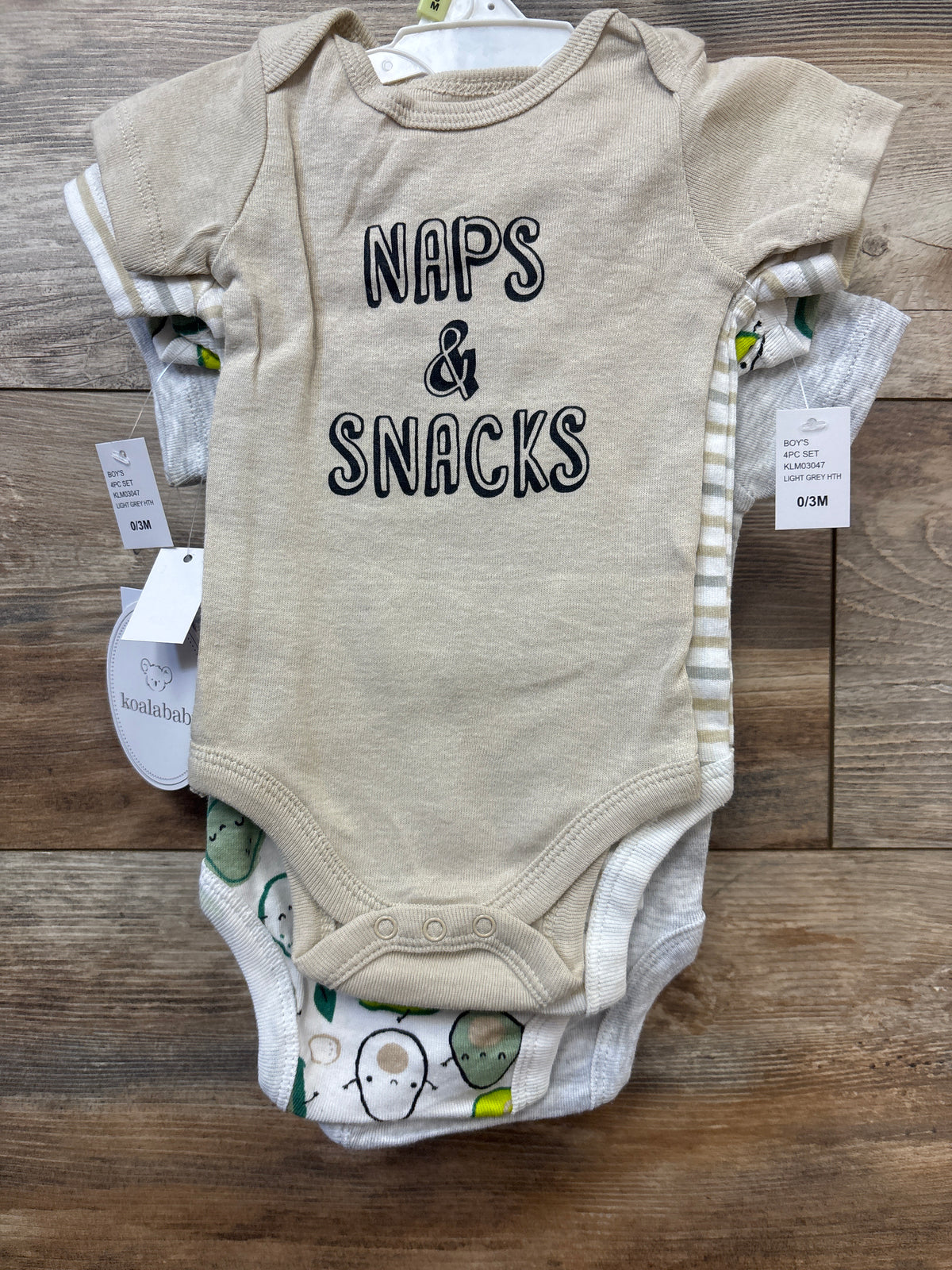 NEW Koala Baby 4pk Avocado Bodysuits Grey sz 0-3m