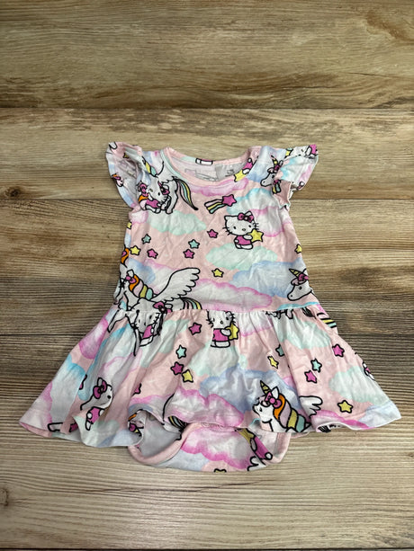 Front view of Posh P. and Hello Kitty bamboo twirl skirt bodysuit dress in pink with unicorn print for ages 12 to 18 months on a wood background