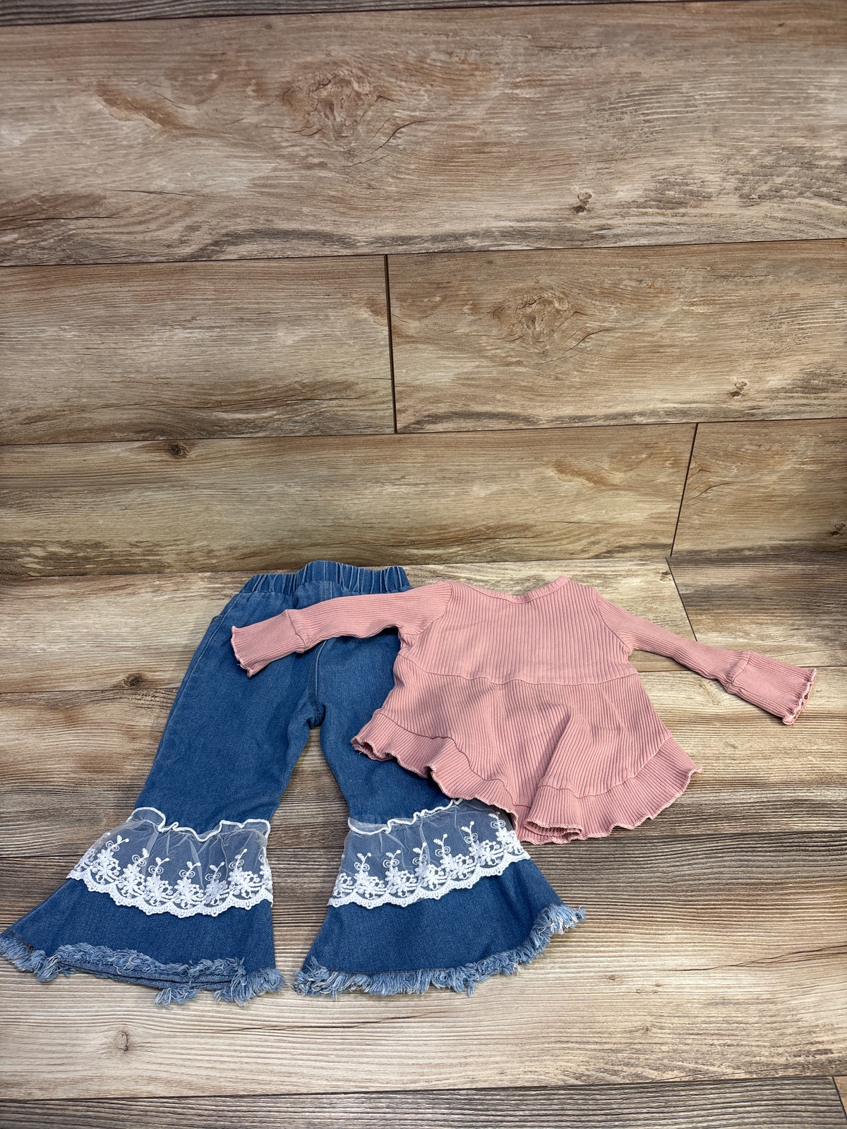 SODLON 2pc Long Sleeve Ribbed Top & Lace-Detail Jeans Pink sz 12-18m