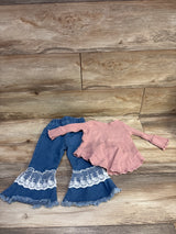 SODLON 2pc Long Sleeve Ribbed Top & Lace-Detail Jeans Pink sz 12-18m
