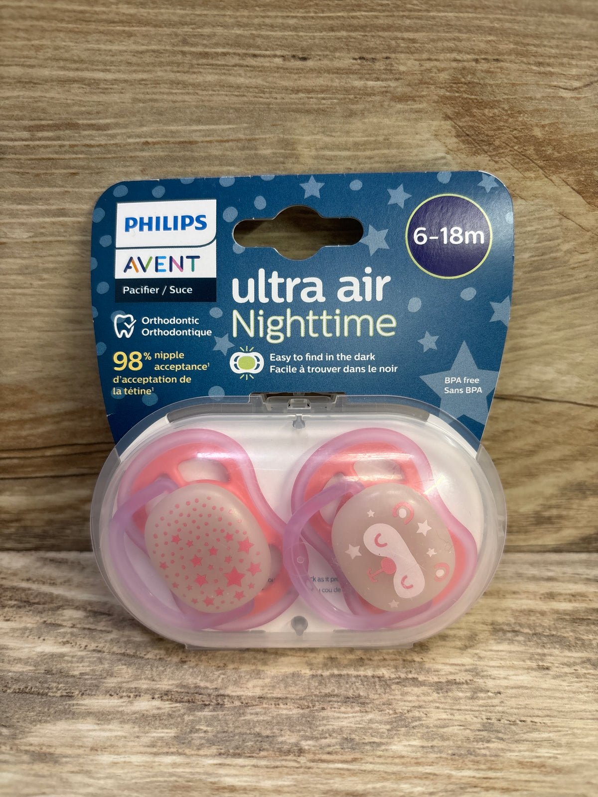 NEW Philips Avent Ultra-Air Nighttime 2pk Pacifiers Pink 6-18m