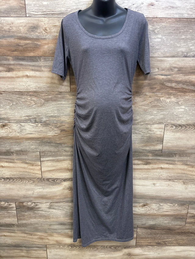 Front view of gray Motherhood Maternity bodycon dress showing scoop neck, short sleeves, and ruched sides on wood plank