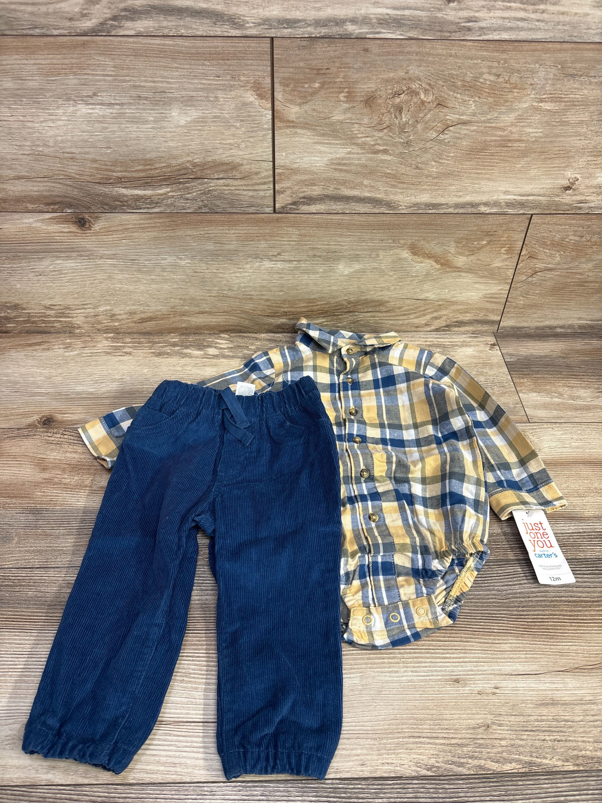 NEW Just One You 2pc Plaid Bodysuit & Cord Bottoms Set Yellow sz 12m