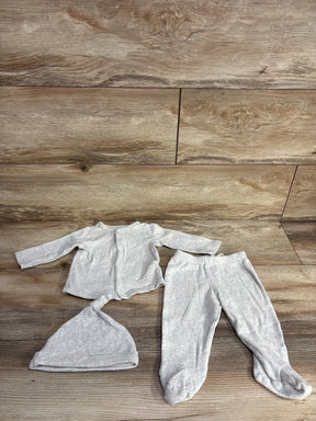 Light gray ribbed baby outfit with long-sleeve top, footed pants, and knot hat on wooden floor