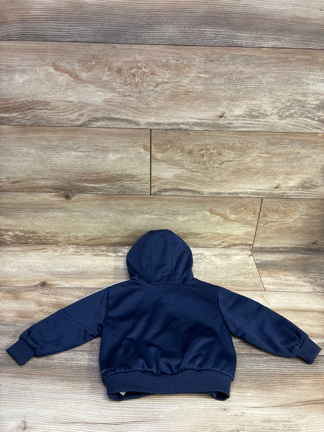 Back view of Nike pullover hooded sweatshirt in navy, size 18 months, showcasing hood and ribbed cuffs on wood-look flooring