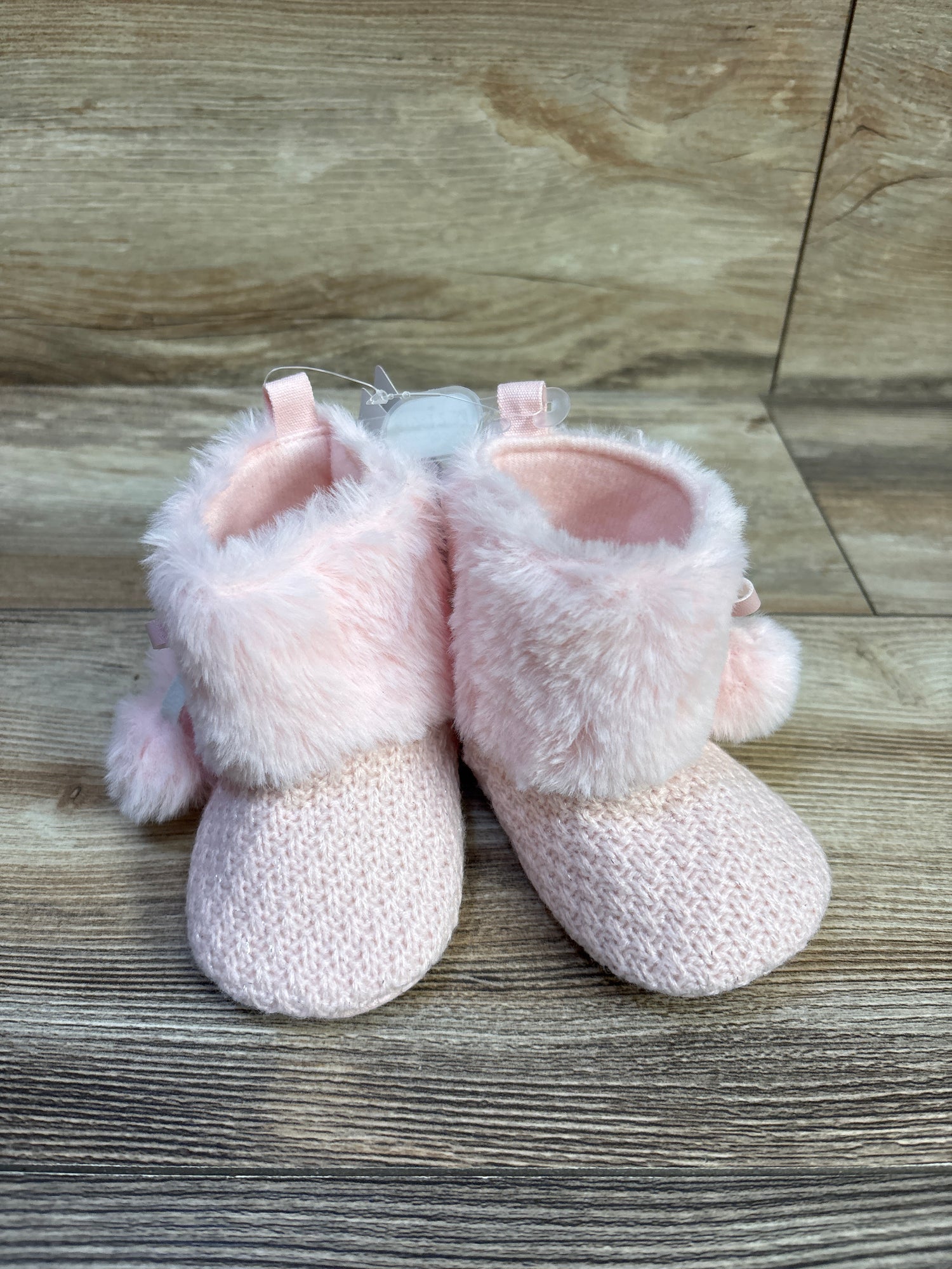 NEW First Steps by Stepping Stones Knit Faux Fur Pom-Pom Botos Pink sz 3/4c