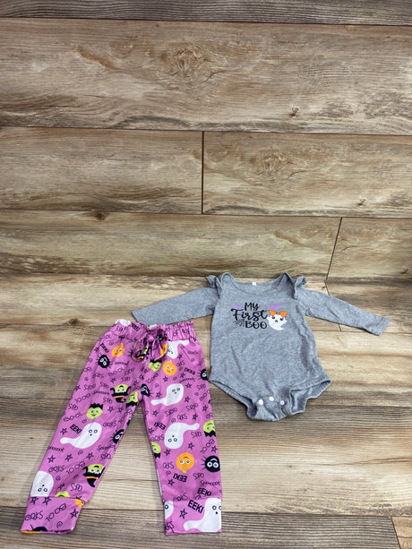 Front view of HINTINA baby bodysuit and pants set with My First Boo graphic, gray bodysuit, and Halloween print pants