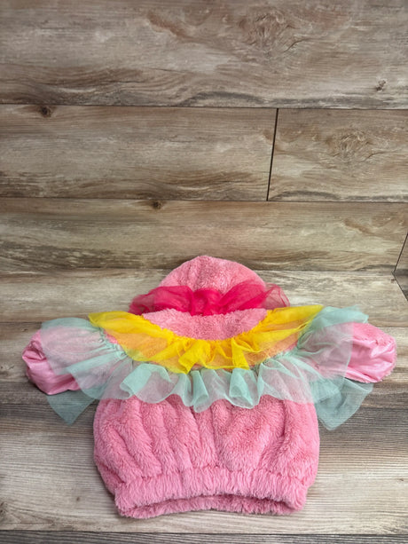 Flat lay of pink parrot costume pullover with fuzzy fabric and colorful layered tulle ruffle