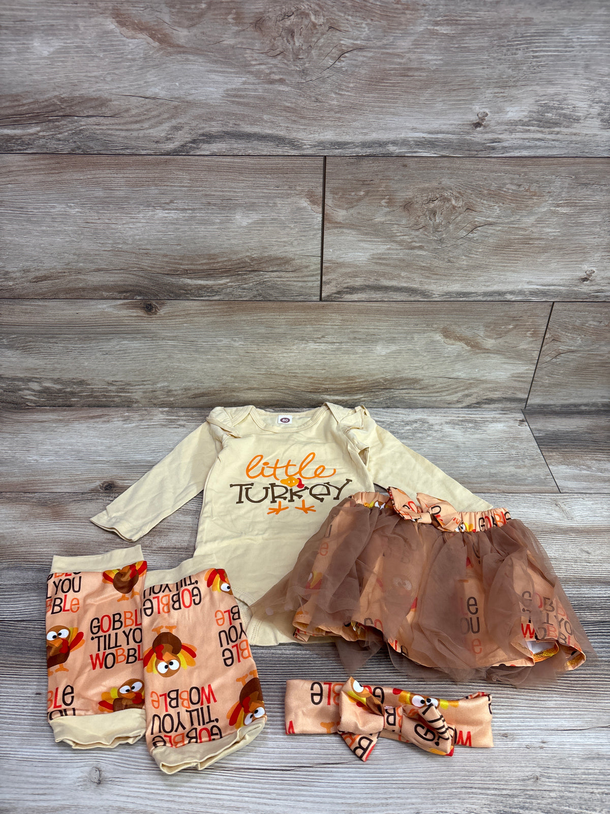 NWOT Little Turkey 4pc Bodysuit, Skirt, Leg Warmers, & Headband Set Yellow sz 9-12m