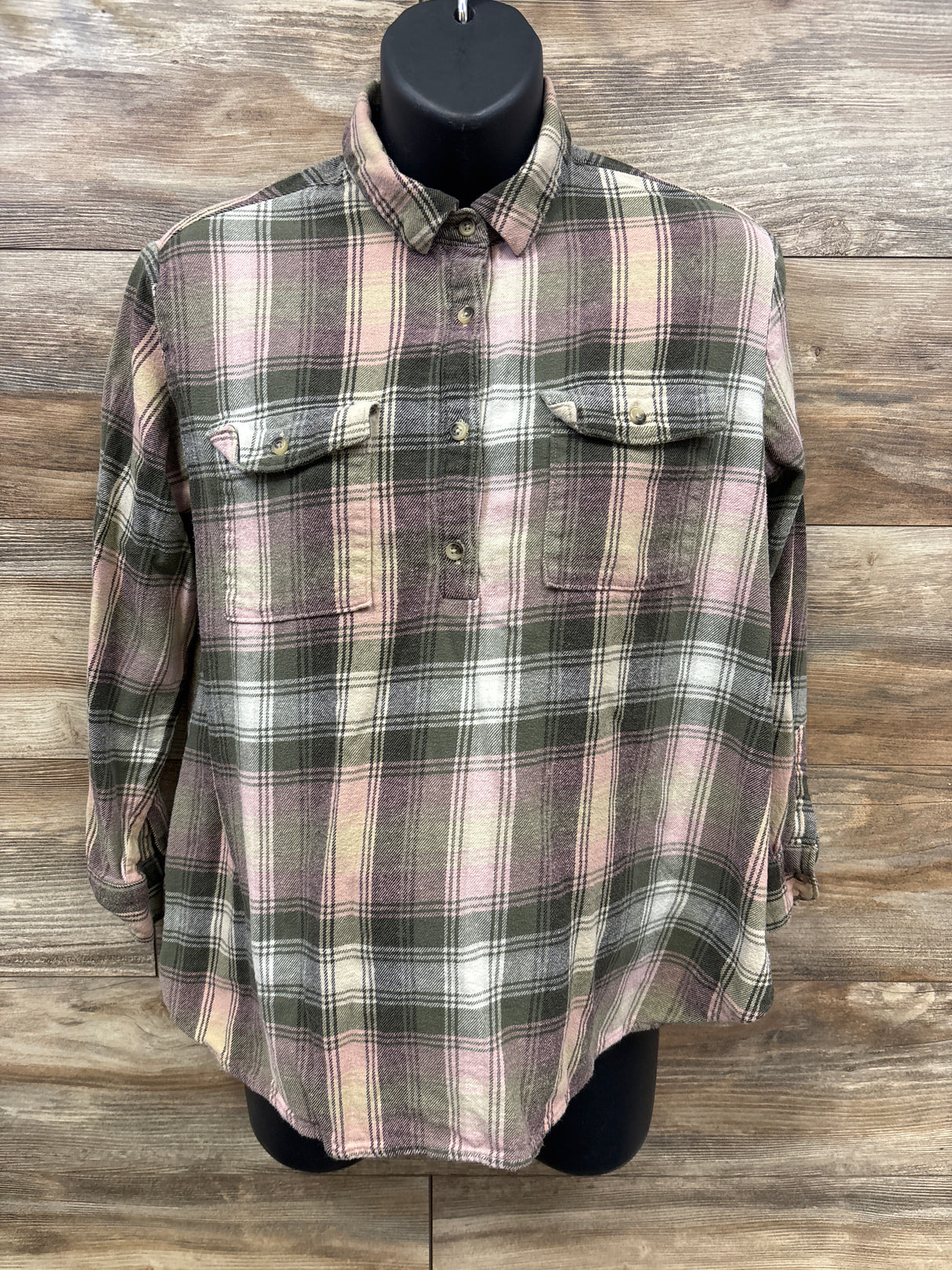 Old Navy Maternity Utility Flannel Boyfriend Shirt Green/Pink sz Small