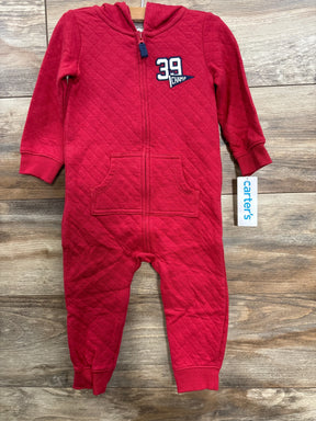 Red quilted baby onesie with hood, front zipper, and patch reading '39 Champ' on chest