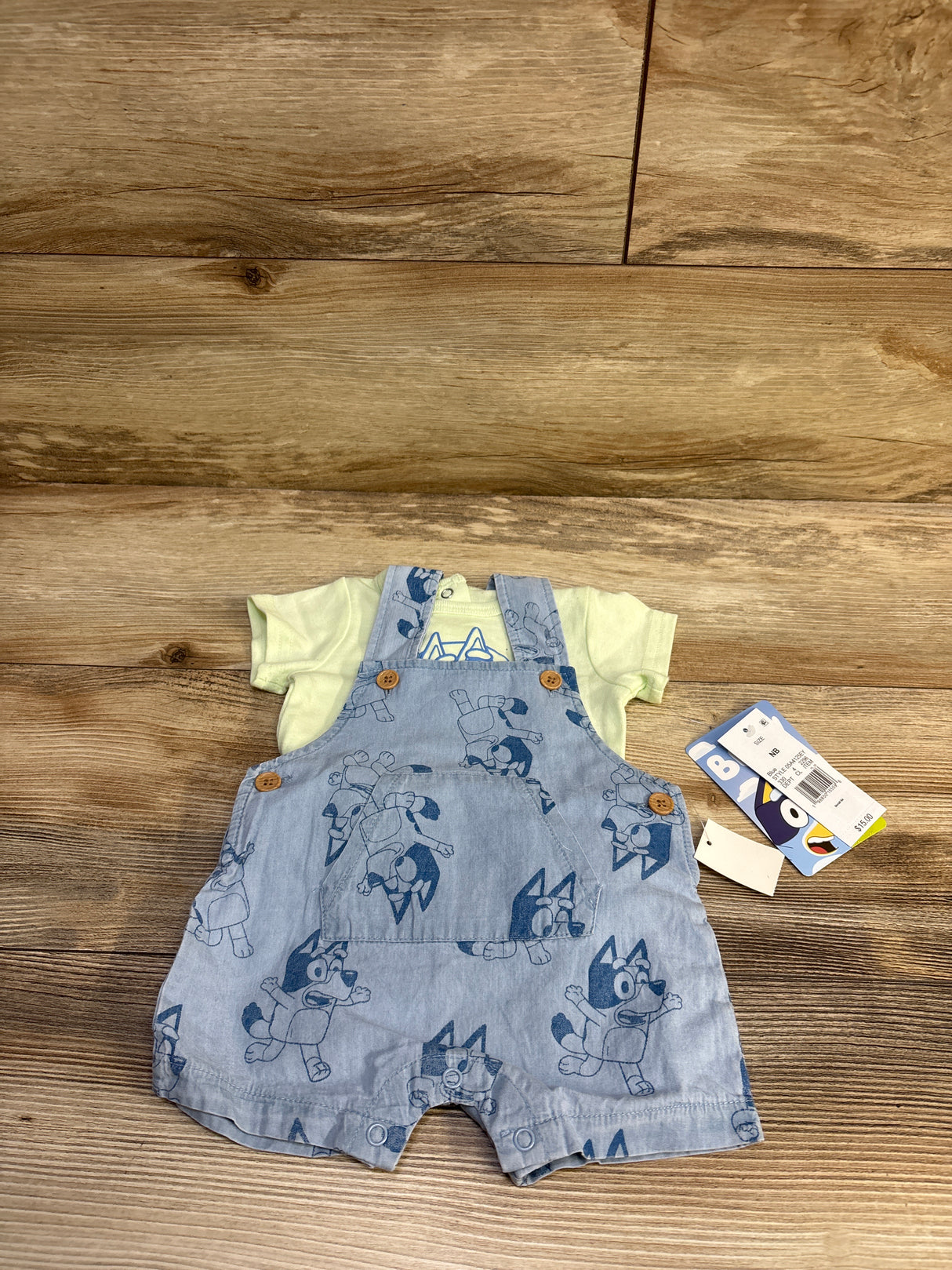 NEW Bluey 2pc Shirt & Chambray Shortalls Set Green sz Newborn