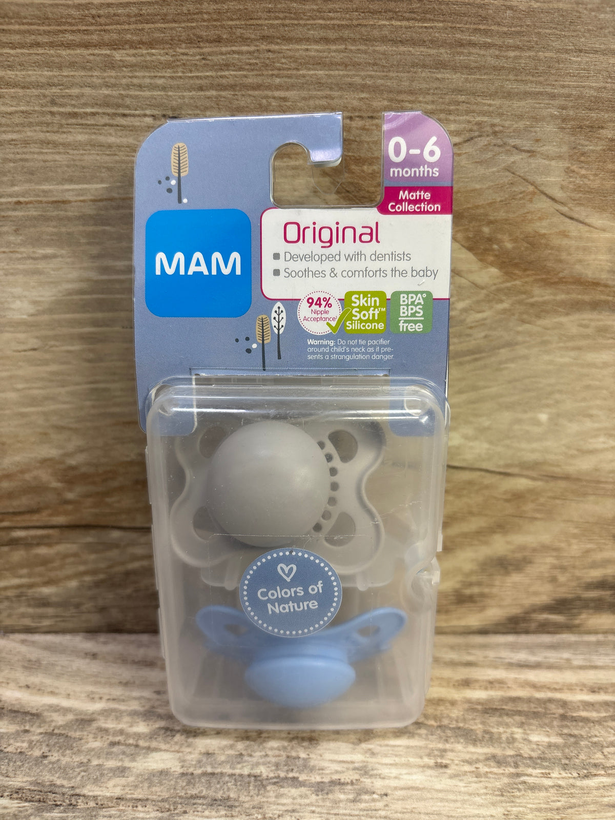 NEW MAM Original Matte Collection 2pk Pacifiers, Grey/Blue 0-6m
