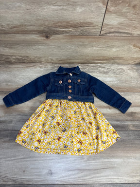 Girls' denim jacket dress with yellow floral butterfly skirt on wood floor