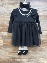 NEW Baby Starters 3pc Long Sleeve Dress, Footed Tights, & Headband Set Black sz 24m
