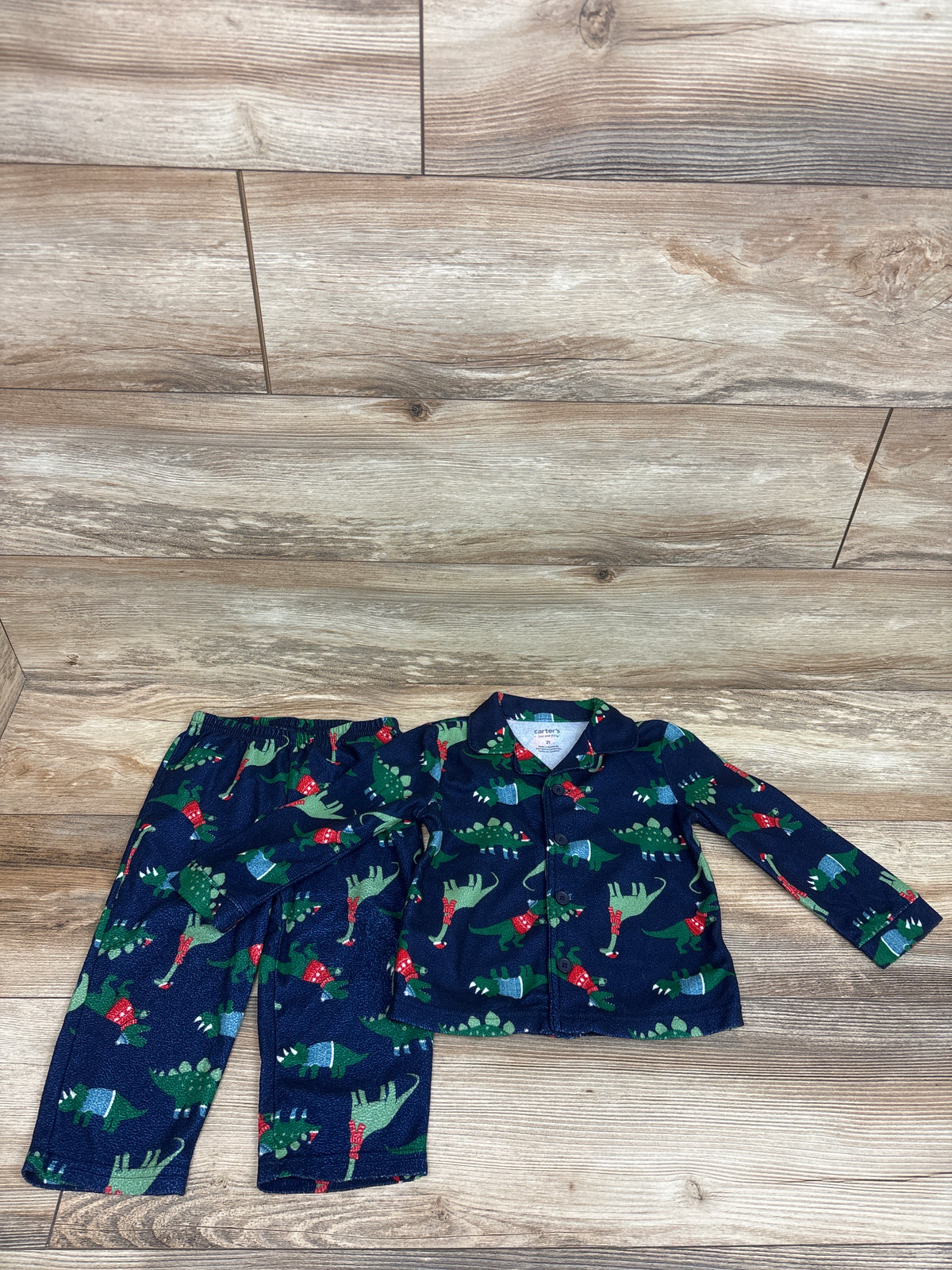 Just One You 2pc Coat Style Christmas Dino Pajama Set Blue sz 2T