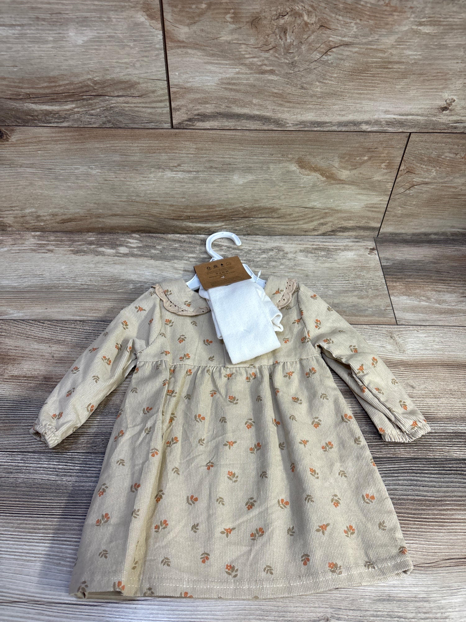 NEW Rabbit + Bear Organic 2pc Smocked Dress & Footed Tights Beige sz 6-9m