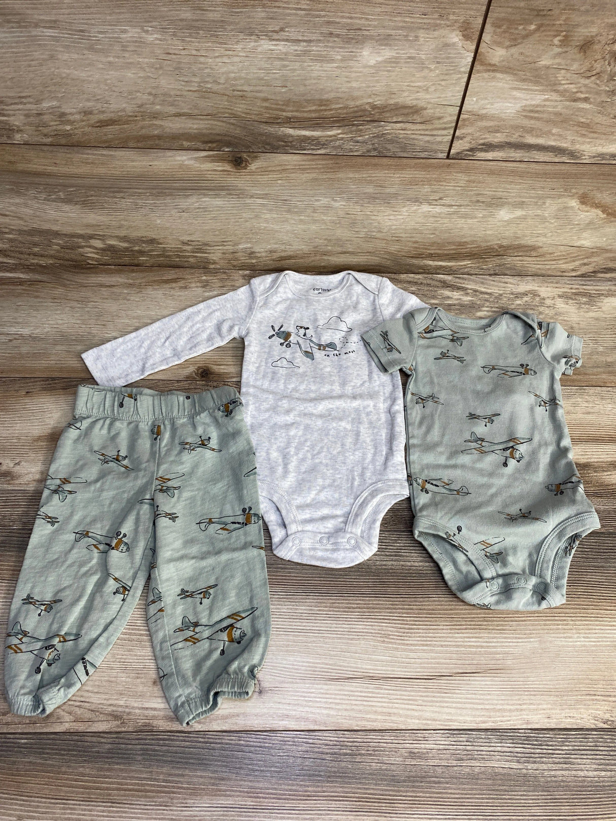 Carter's 3pc Airplane Bodysuit Set Grey/Green sz 9m