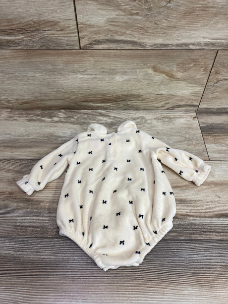 Cream Cat & Jack long sleeve velvet bubble romper with small black bow print for babies.