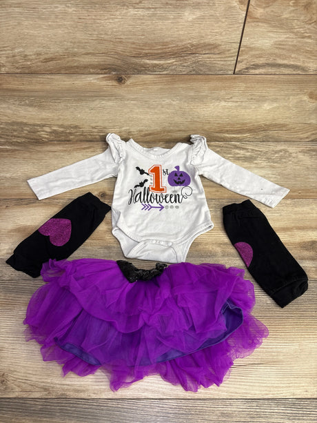 Baby's 1st Halloween outfit with purple tutu, black leggings, and white bodysuit