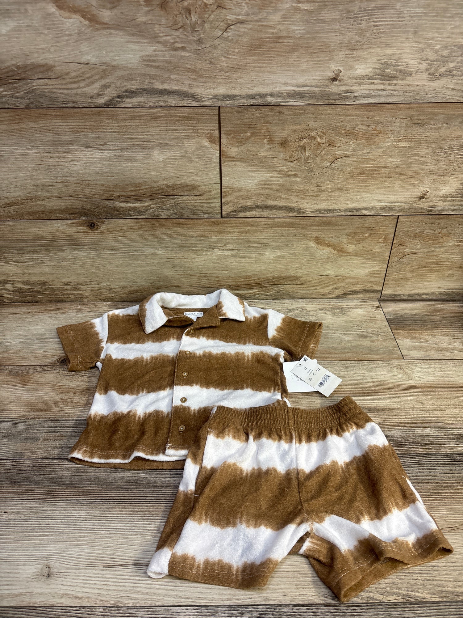 NEW Grayson Mini 2pc Textured Woven Shirt & Shorts Set Brown sz 3T