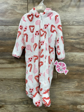 Infant fleece footed pajamas with red candy cane and pink lollipop print, hooded, zip front