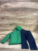Little Me 2pc dinosaur puffer jacket in green and navy blue jeans set for toddlers