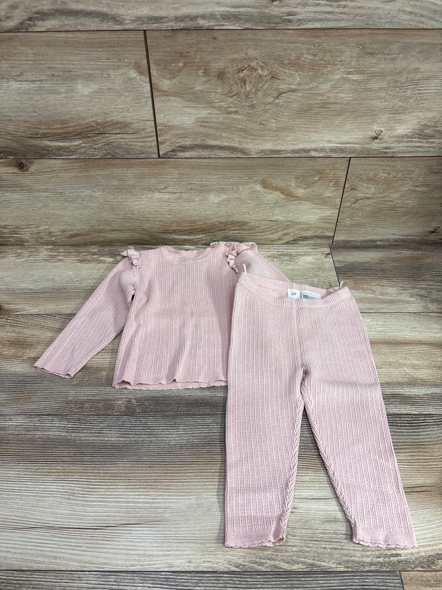 H&M 2pc Rib-Knit Ruffle Long Sleeve Shirt & Pants Set Pink sz 12m
