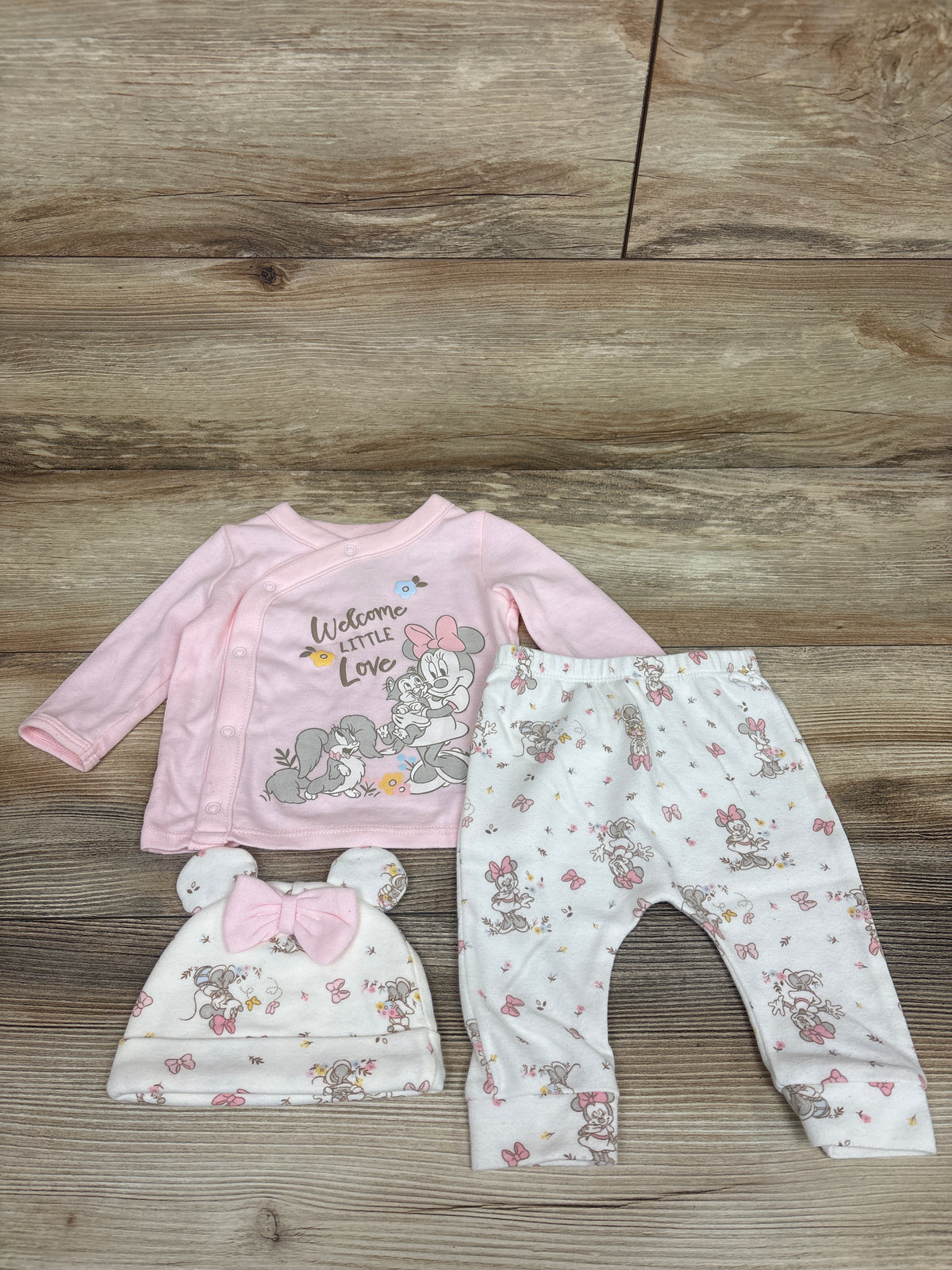 Disney Baby 3pc Minnie Mouse Kimono Shirt, Pants, & Hat Set Pink sz 0-3m