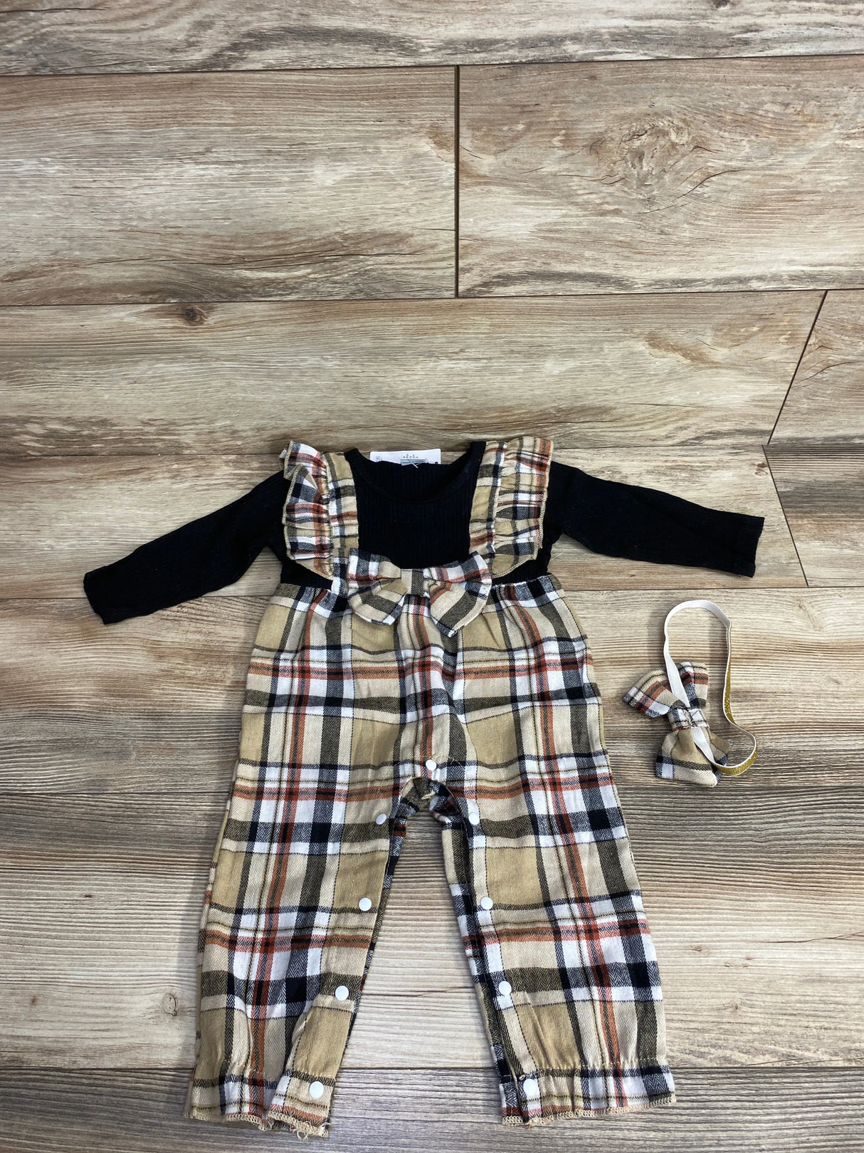 2pc Plaid Ruffled Romper & Head Band Set Black sz 6-12m