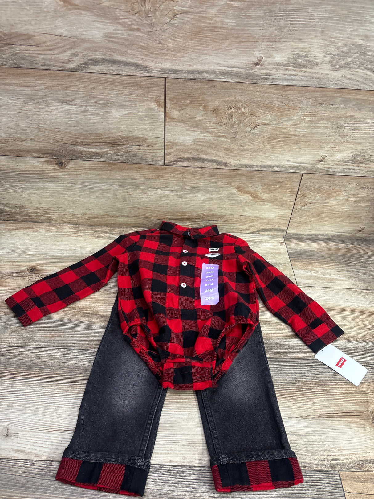 NEW Levi's 2pc Plaid Button-Up Flannel Romper & Jeans Set Red sz 24m