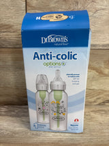 Front view of NEW Dr. Brown's Anti-Colic Narrow Bottles with Level 1 Slow Flow Nipple 8oz 2pk showcasing sealed blue Options+ retail box with wood plank background