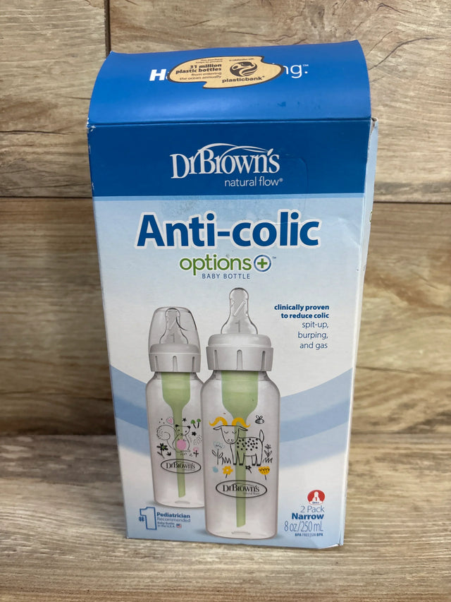 Front view of NEW Dr. Brown's Anti-Colic Narrow Bottles with Level 1 Slow Flow Nipple 8oz 2pk showcasing sealed blue Options+ retail box with wood plank background