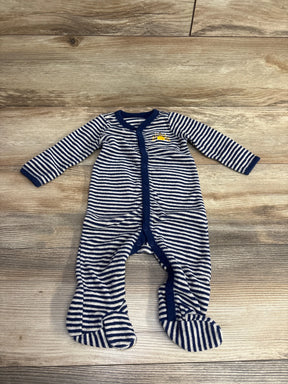 Navy and white striped baby footed sleeper with a small yellow sun embroidery on chest