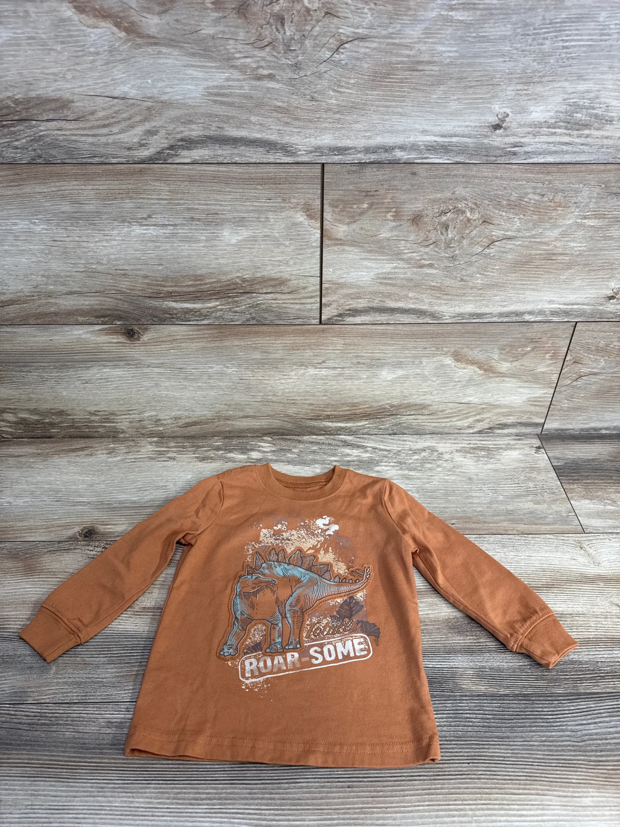 Brown long sleeve kids shirt with stegosaurus dinosaur and 'Roar Some' text on wood background