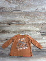 Brown long sleeve kids shirt with stegosaurus dinosaur and 'Roar Some' text on wood background