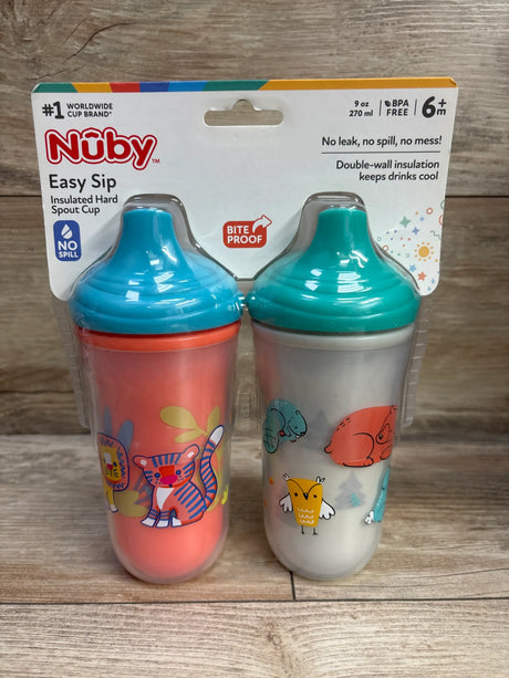 Front view of Nuby Easy Sip insulated hard spout cups 2pk 9 oz showcasing animal designs and teal bite-proof spouts on wood