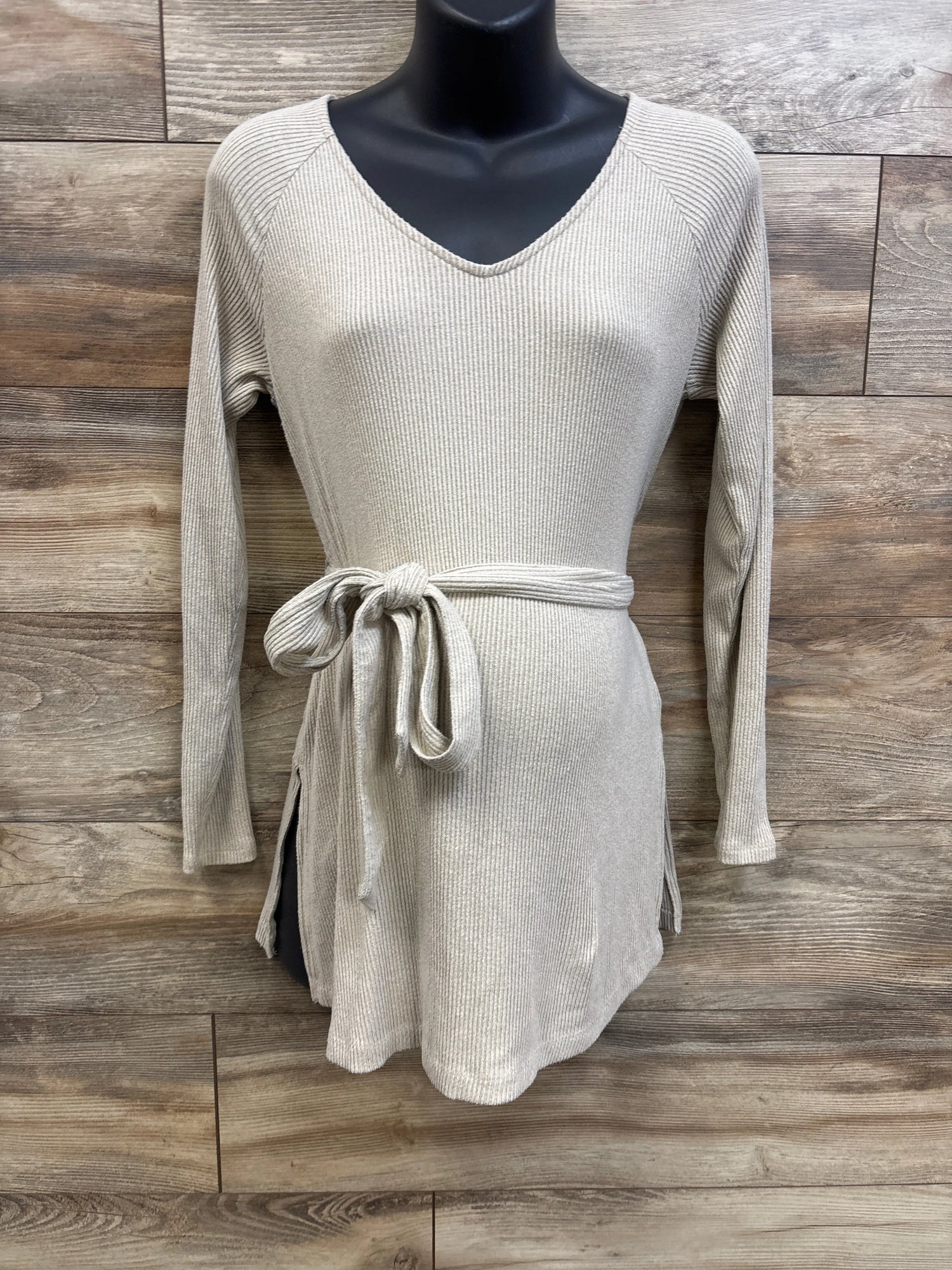 Sonoma Maternity Rib Knit Long Sleeve Waist Tie Shirt Beige sz Small