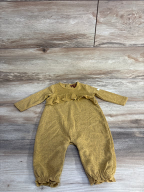Mustard yellow baby romper with long sleeves and ruffled details on chest and ankles