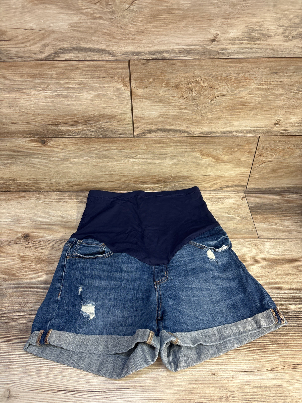 Pinkblush Maternity Full Panel Hem Cuffed Distressed Denim Shorts Blue sz Large