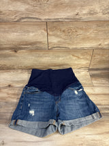 Pinkblush Maternity Full Panel Hem Cuffed Distressed Denim Shorts Blue sz Large
