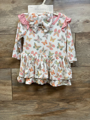 New Me n Mommy To Be white bamboo 3-piece butterfly dress set with matching headband, size 3-6M