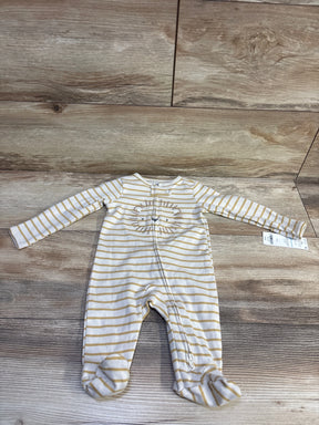 Front view of Carter’s beige striped sleeper in size 3 months, showcasing long sleeves and built-in footies on a wood floor