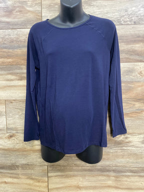 Front view of navy Gap maternity long-sleeve shirt with scoop neckline and relaxed fit on black torso mannequin
