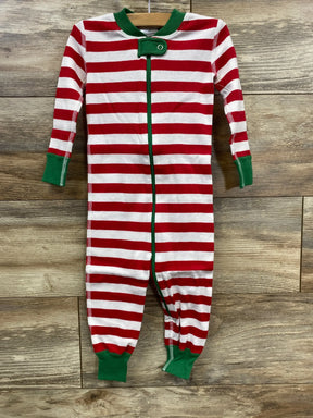 Red and white striped baby Christmas pajamas with green trim and zipper, hanging on hanger