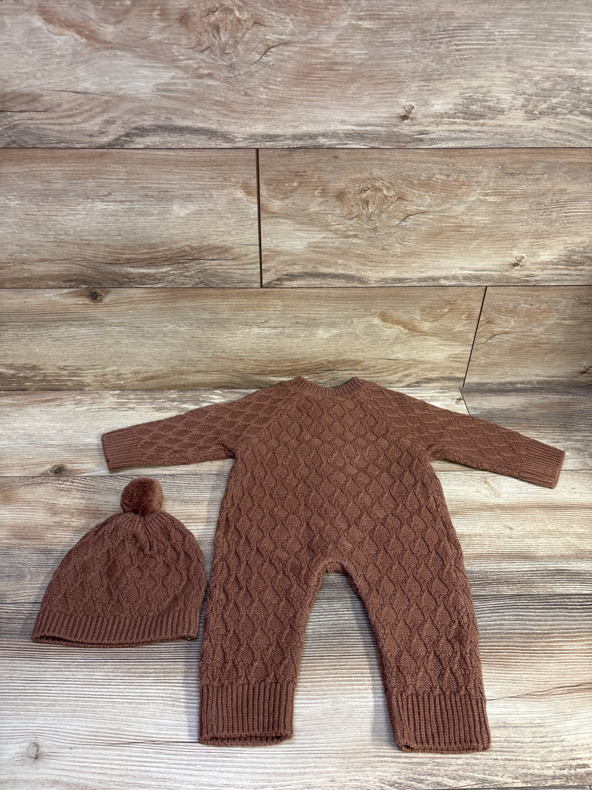 Shein 2pc Cable Knit Sweater Coverall & Hat Set Brown sz 6-9m